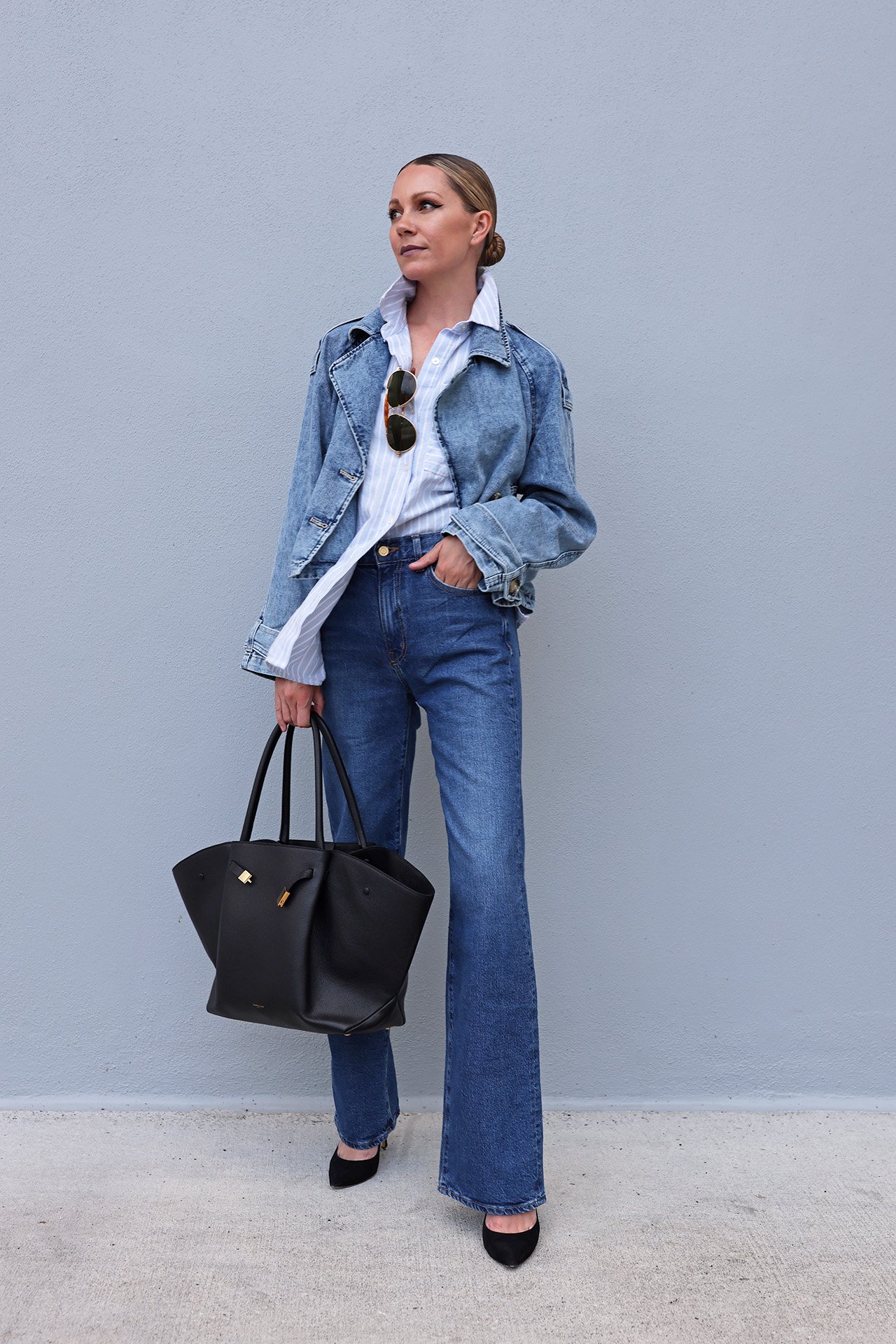 denim on denim look, classic denim styling, demellier bag styling