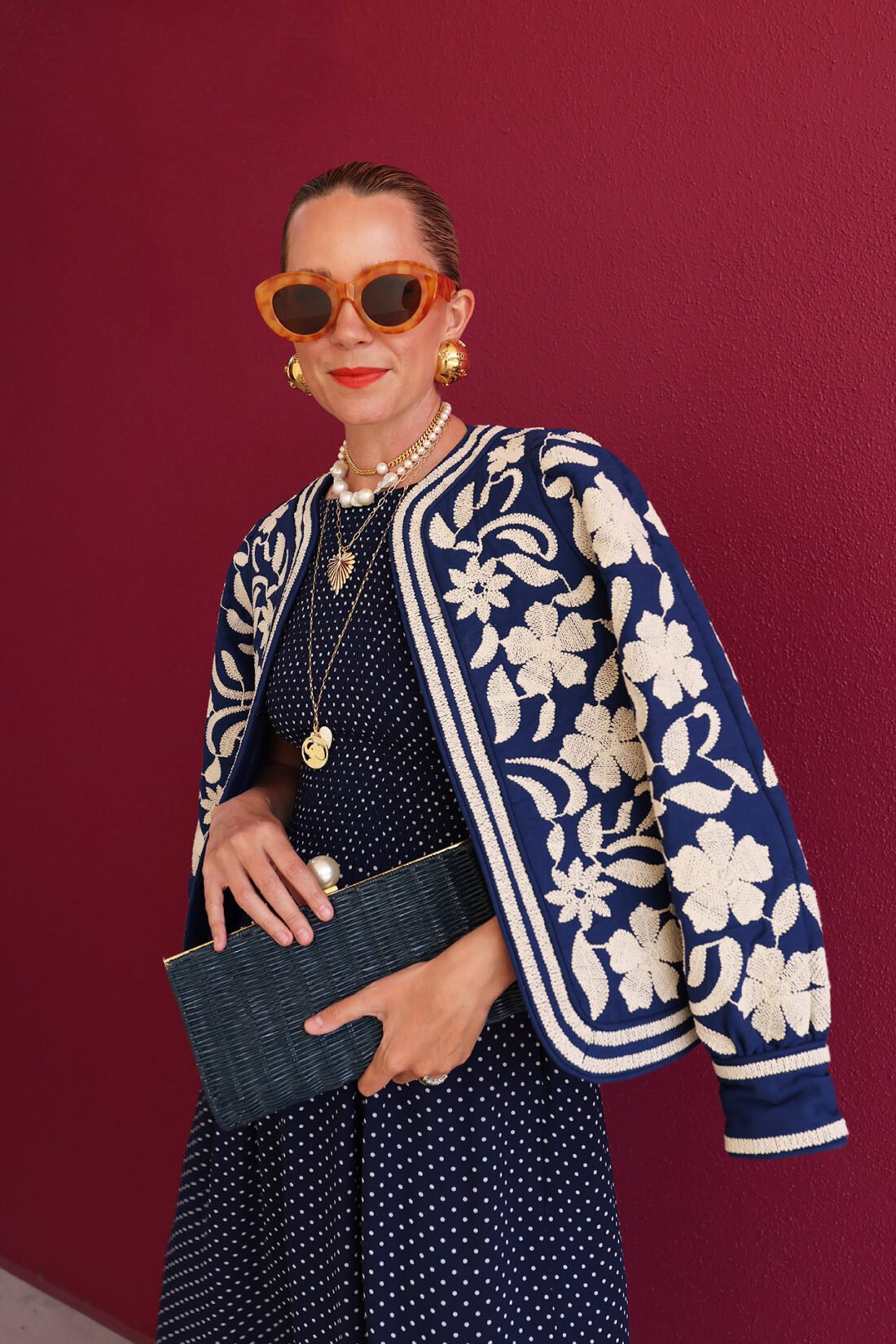 sezane embroidered jacket, amazon sunglasses, navy polka dot dress