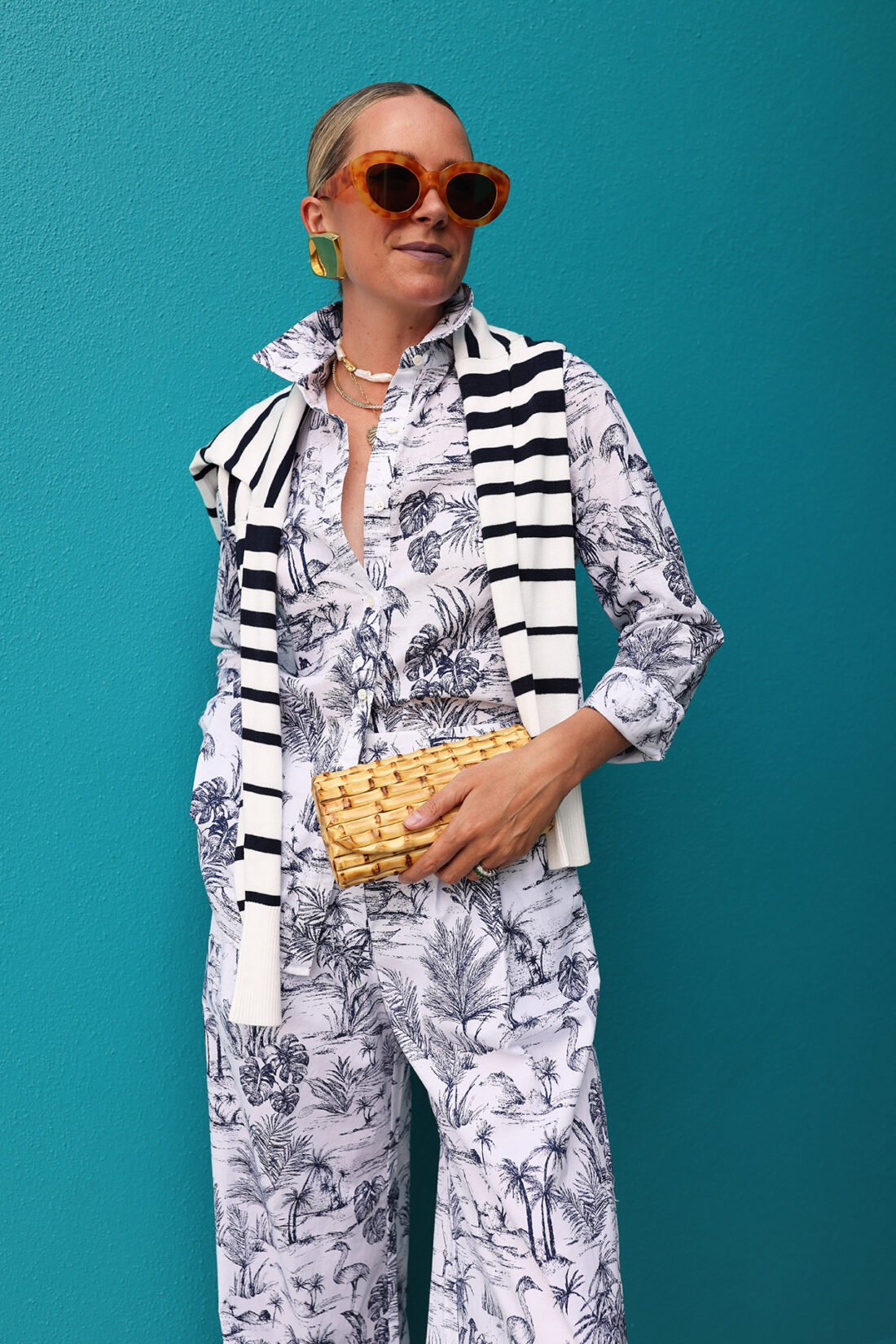 summertime blues, printed set, striped sweater