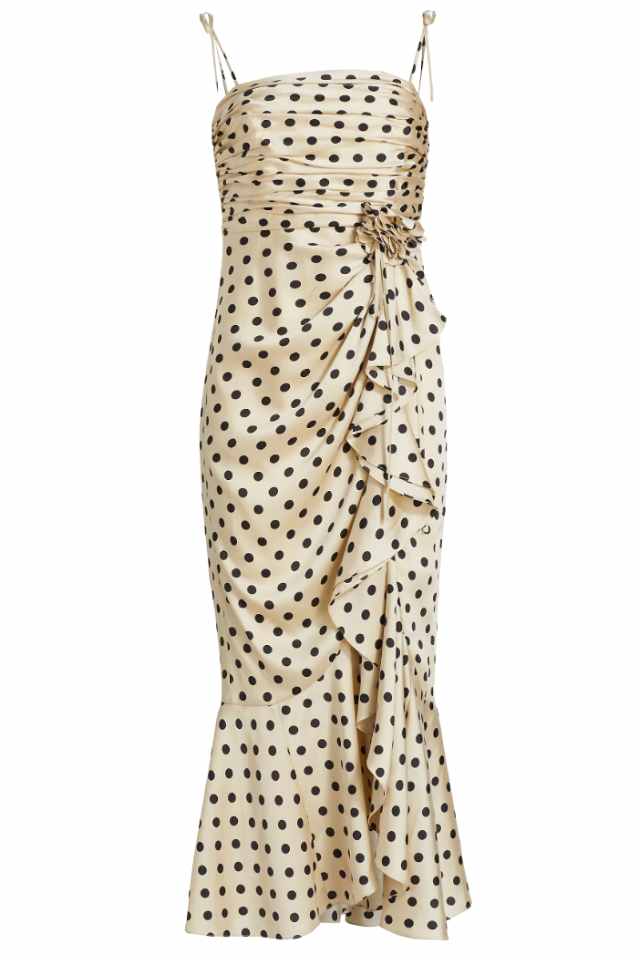 polka dot ruffled midi dress