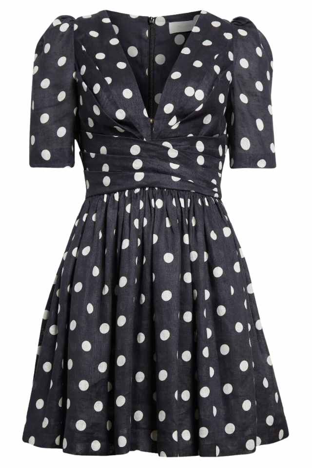 polka dot pleated linen dress